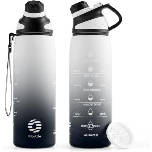 Fjbottle Bouteille d&rsquo;eau 1L avec Couvercle Magnétique, Grande Gourde d&rsquo;eau sans BPA, Bouteille de Boisson Étanche pour Gym, Demi-Gallon Bouteille d&rsquo;eau pour Fitness, Sports, Extérieur(Noir&blanc)