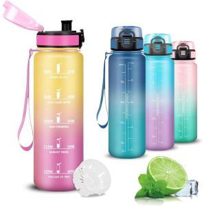 Gourde- 1l- Gourde Sport, Anti-Fuite, Gourdes Graduée, Gourdes Adulte avec Slogan de Motivation, Facile à Transporter, Bouteille d&rsquo;eau pour Voyage, Camping, Randonnée, Yoga(Jaune-rose)