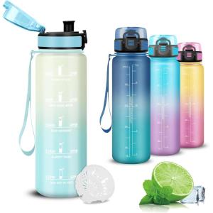 Gourde- 1l- Gourde Sport, Anti-Fuite, Gourdes Graduée, Gourdes Adulte avec Slogan de Motivation, Facile à Transporter, Bouteille d&rsquo;eau pour Voyage, Camping, Randonnée, Yoga(Blanc-bleu)