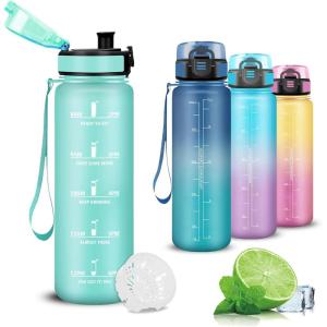 Gourde- 1l- Gourde Sport, Anti-Fuite, Gourdes Graduée, Gourdes Adulte avec Slogan de Motivation, Facile à Transporter, Bouteille d&rsquo;eau pour Voyage, Camping, Randonnée, Yoga(Cyan)