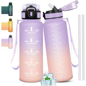 Gourde 1l, Étanches, Gourde Paille, sans BPA & Réutilisable, Bouteille, Motivation Bouteille d&rsquo;eau, Avec Marqueur de Temps, Gourde Sport pour Gym, Ecole, Cyclisme, Plein air, Sport(Rose Iris – 1500 Ml)