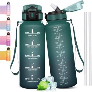 Gourde 1l, Étanches, Gourde Paille, sans BPA & Réutilisable, Bouteille, Motivation Bouteille d&rsquo;eau, Avec Marqueur de Temps, Gourde Sport pour Gym, Ecole, Cyclisme, Plein air, Sport(Vert-gris – 1500 Ml)