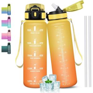 Gourde 1l, Étanches, Gourde Paille, sans BPA & Réutilisable, Bouteille, Motivation Bouteille d&rsquo;eau, Avec Marqueur de Temps, Gourde Sport pour Gym, Ecole, Cyclisme, Plein air, Sport(Ambre-orange – 1000 Ml)
