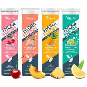 HydraFresh – 4 saveurs – Pastilles hydratation Effervescentes – Magnésium, Électrolytes, Calcium, Vitamines C et B – Complément alimentaire énergie saveur Cerise, Pêche, Ananas, Citron – Sans sucres(Cerise  Pêche  Ananas et Citron)
