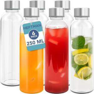 Lot de 6 bouteilles en verre hermétiques avec couvercles en acier inoxydable – Bouteilles d&rsquo;eau, smoothies, jus de fruits pour le travail et la salle de sport