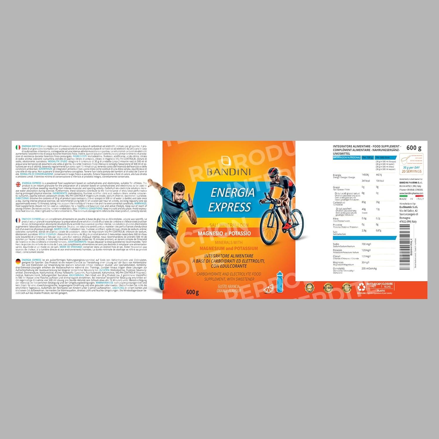 image:imageBandini Energia Express 600g Magnsium et Potassium Electrolytes en Poudre Complment alimentaire base de Glucides et Sels minraux avec Sportifs et Athltes Vegan Produit en Italie