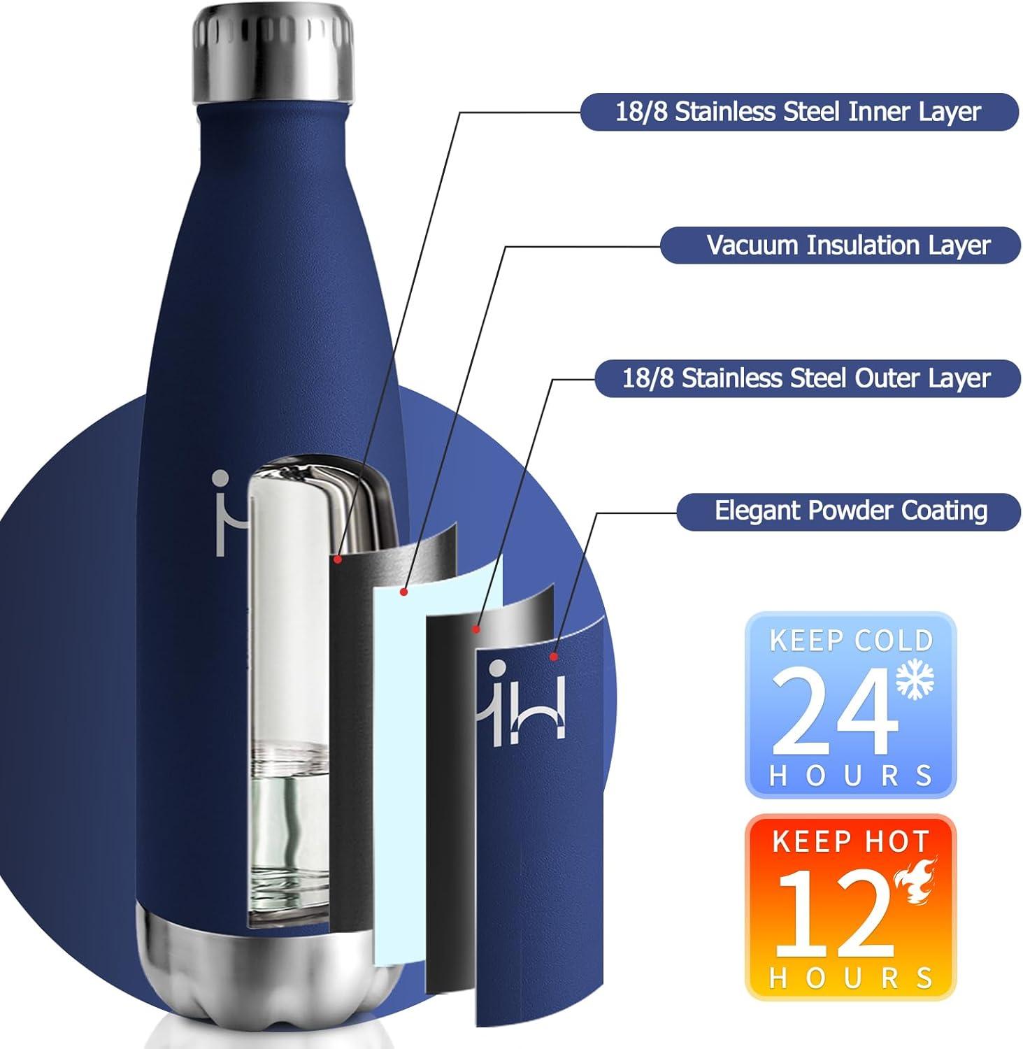 image:imageBouteille Isotherme 500ml Gourde Mtal sans BPA Bouteille deau Inox Double Paroi Rutilisable Bouteille tanche Gourde Sport Yoga Bureau cole Randonne Voyage Camping pour Enfant ou AdulteBleu Fonc