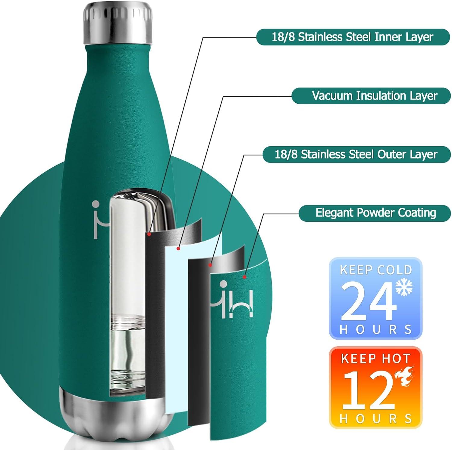image:imageBouteille Isotherme 500ml Gourde Mtal sans BPA Bouteille deau Inox Double Paroi Rutilisable Bouteille tanche Gourde Sport Yoga Bureau cole Randonne Voyage Camping pour Enfant ou AdulteVert Fonc