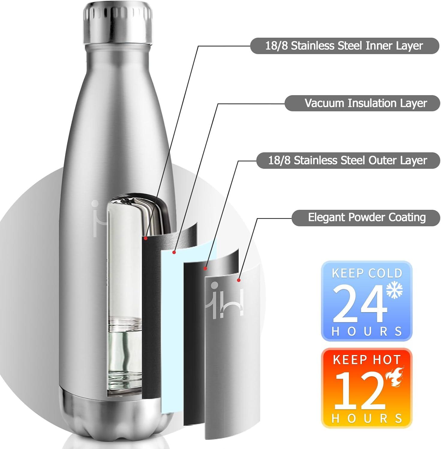 image:imageBouteille Isotherme 500ml Gourde Mtal sans BPA Bouteille deau Inox Double Paroi Rutilisable Bouteille tanche Gourde Sport Yoga Bureau cole Randonne Voyage Camping pour Enfant ou AdulteAcier Inoxydable