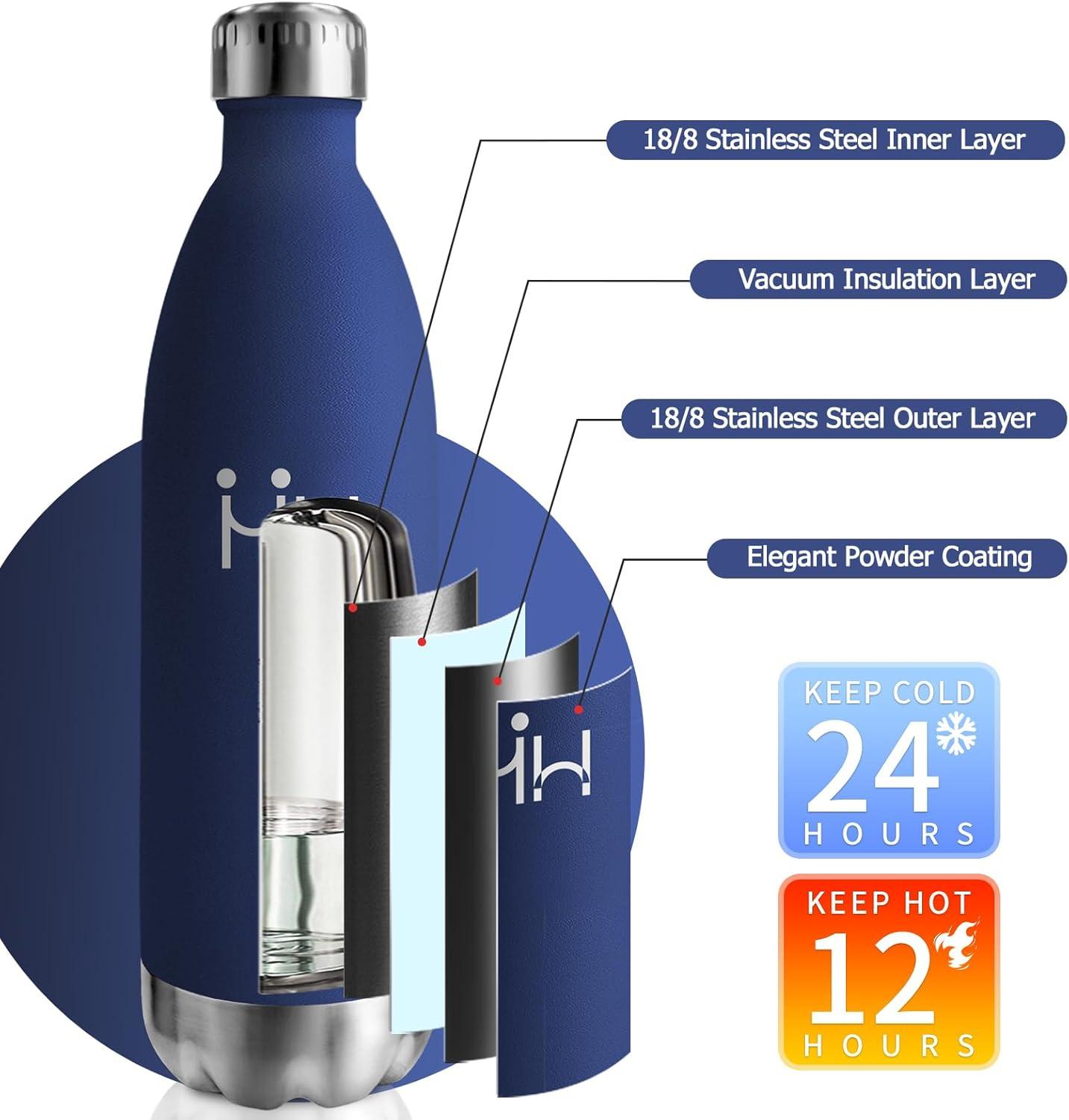 image:imageBouteille Isotherme 500ml Gourde Mtal sans BPA Bouteille deau Inox Double Paroi Rutilisable Bouteille tanche Gourde Sport Yoga Bureau cole Randonne Voyage Camping pour Enfant ou AdulteBleu Fonc