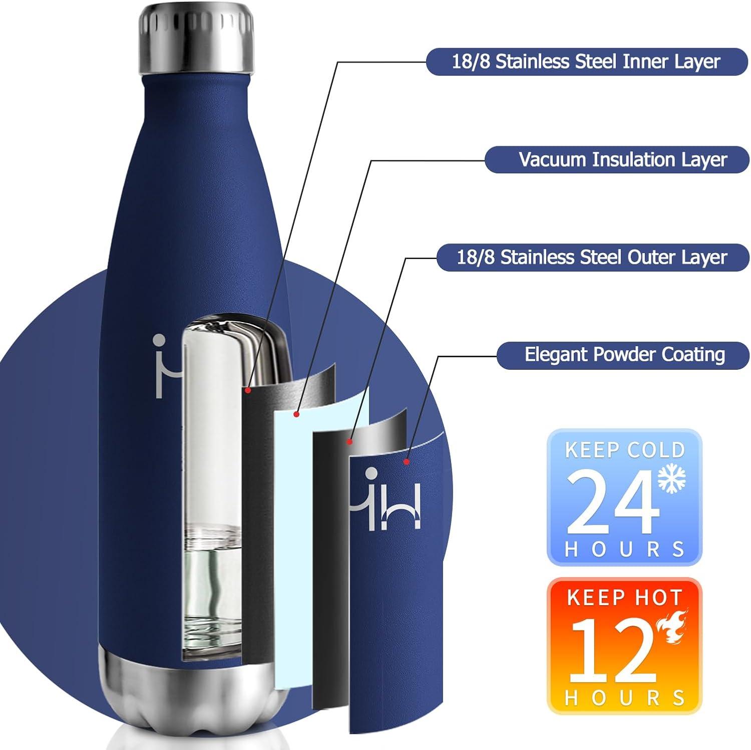 image:imageBouteille Isotherme 500ml Gourde Mtal sans BPA Bouteille deau Inox Double Paroi Rutilisable Bouteille tanche Gourde Sport Yoga Bureau cole Randonne Voyage Camping pour Enfant ou AdulteBleu Fonc