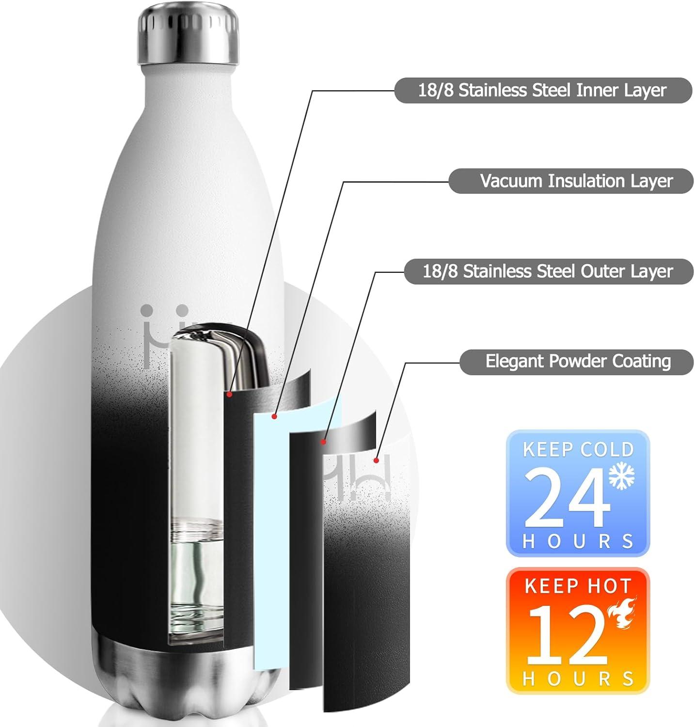 image:imageBouteille Isotherme 500ml Gourde Mtal sans BPA Bouteille deau Inox Double Paroi Rutilisable Bouteille tanche Gourde Sport Yoga Bureau cole Randonne Voyage Camping pour Enfant ou AdulteBlancnoir