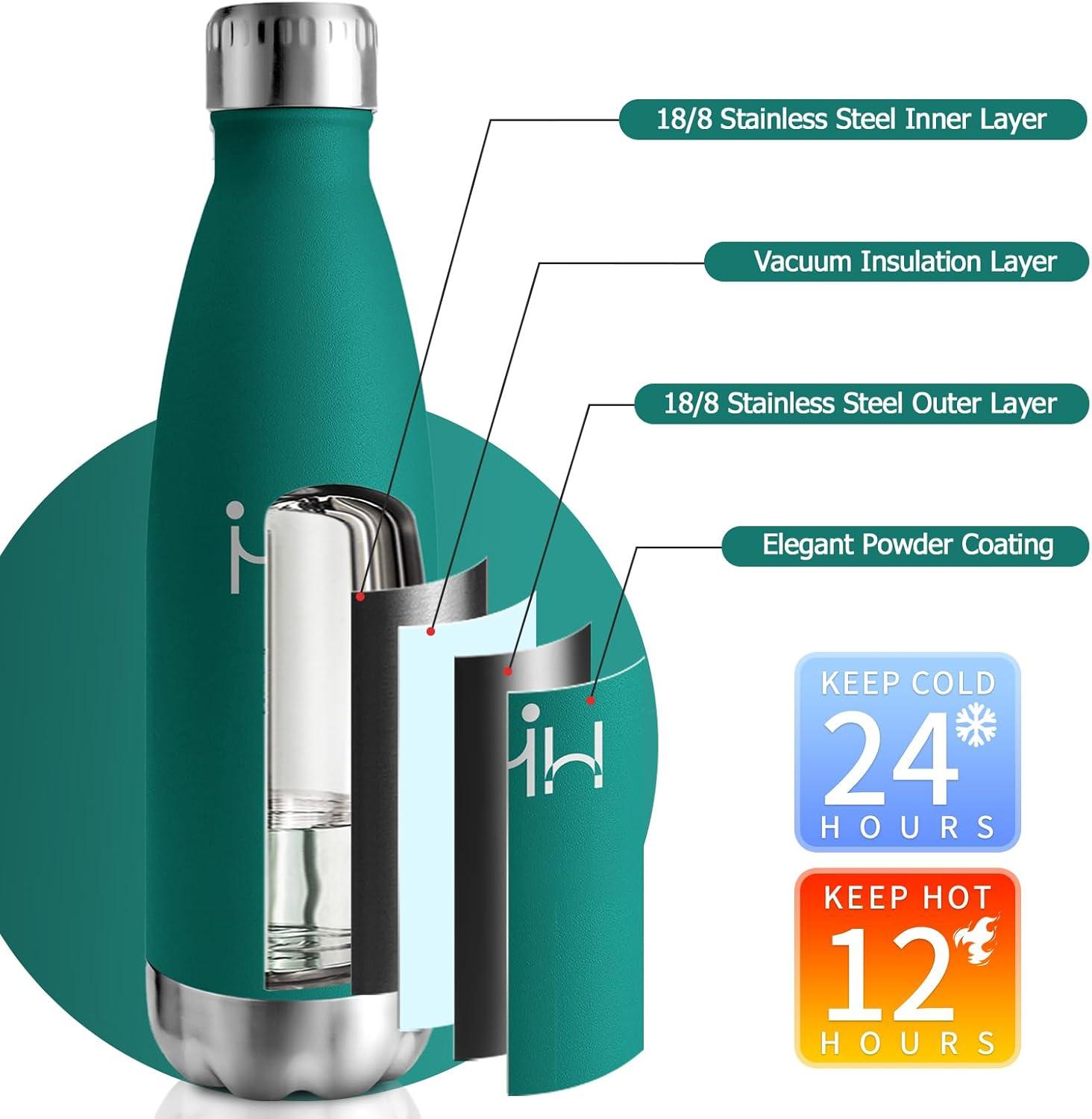 image:imageBouteille Isotherme 500ml Gourde Mtal sans BPA Bouteille deau Inox Double Paroi Rutilisable Bouteille tanche Gourde Sport Yoga Bureau cole Randonne Voyage Camping pour Enfant ou AdulteVert Fonc