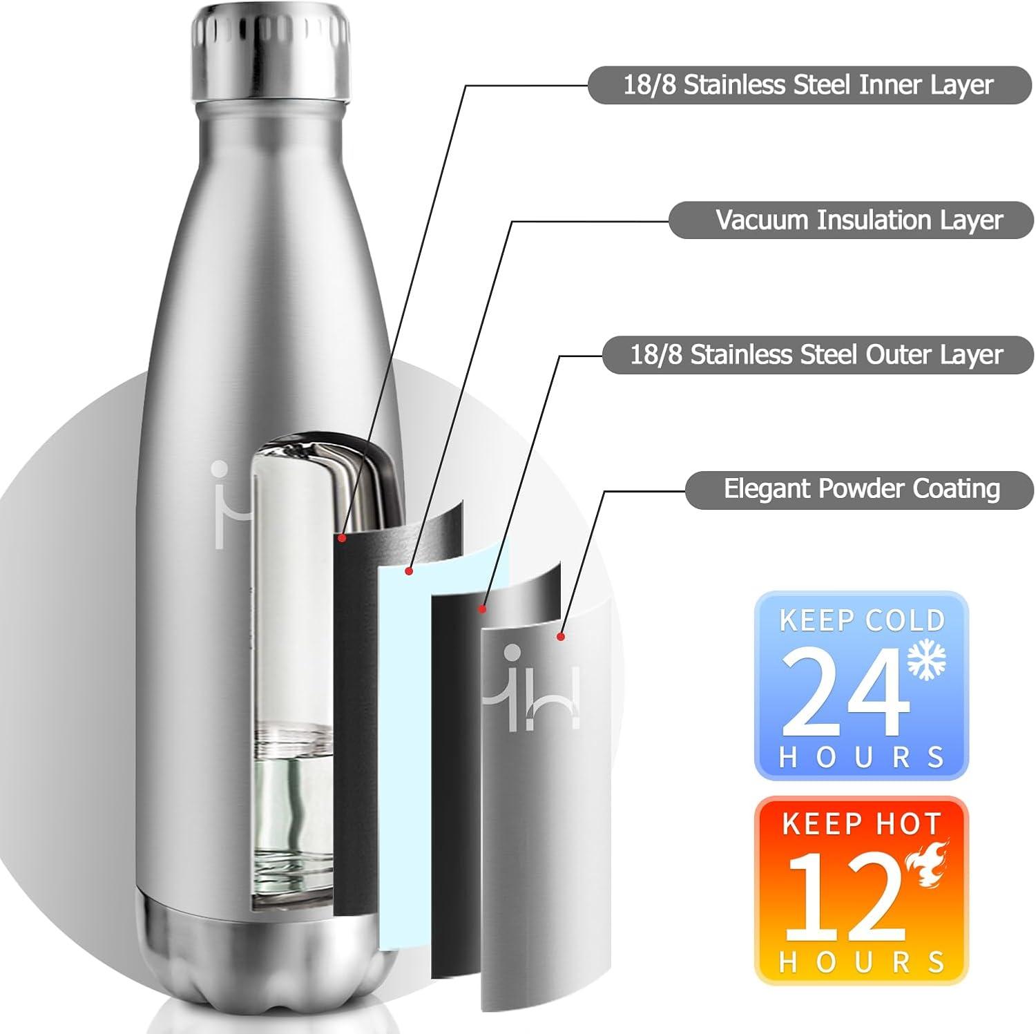 image:imageBouteille Isotherme 500ml Gourde Mtal sans BPA Bouteille deau Inox Double Paroi Rutilisable Bouteille tanche Gourde Sport Yoga Bureau cole Randonne Voyage Camping pour Enfant ou AdulteAcier Inoxydable