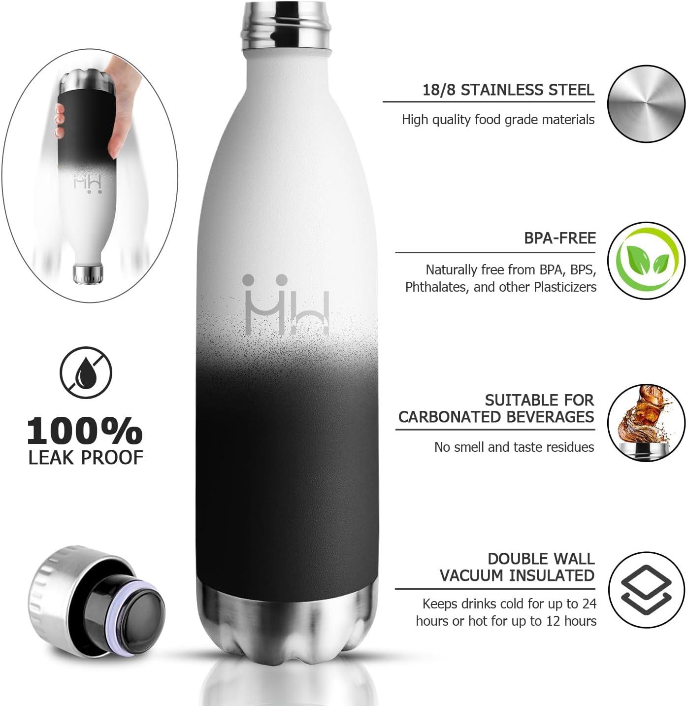image:imageBouteille Isotherme 500ml Gourde Mtal sans BPA Bouteille deau Inox Double Paroi Rutilisable Bouteille tanche Gourde Sport Yoga Bureau cole Randonne Voyage Camping pour Enfant ou AdulteBlancnoir