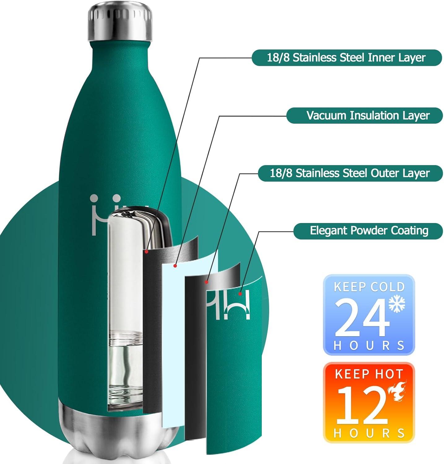 image:imageBouteille Isotherme 500ml Gourde Mtal sans BPA Bouteille deau Inox Double Paroi Rutilisable Bouteille tanche Gourde Sport Yoga Bureau cole Randonne Voyage Camping pour Enfant ou AdulteVert Fonc