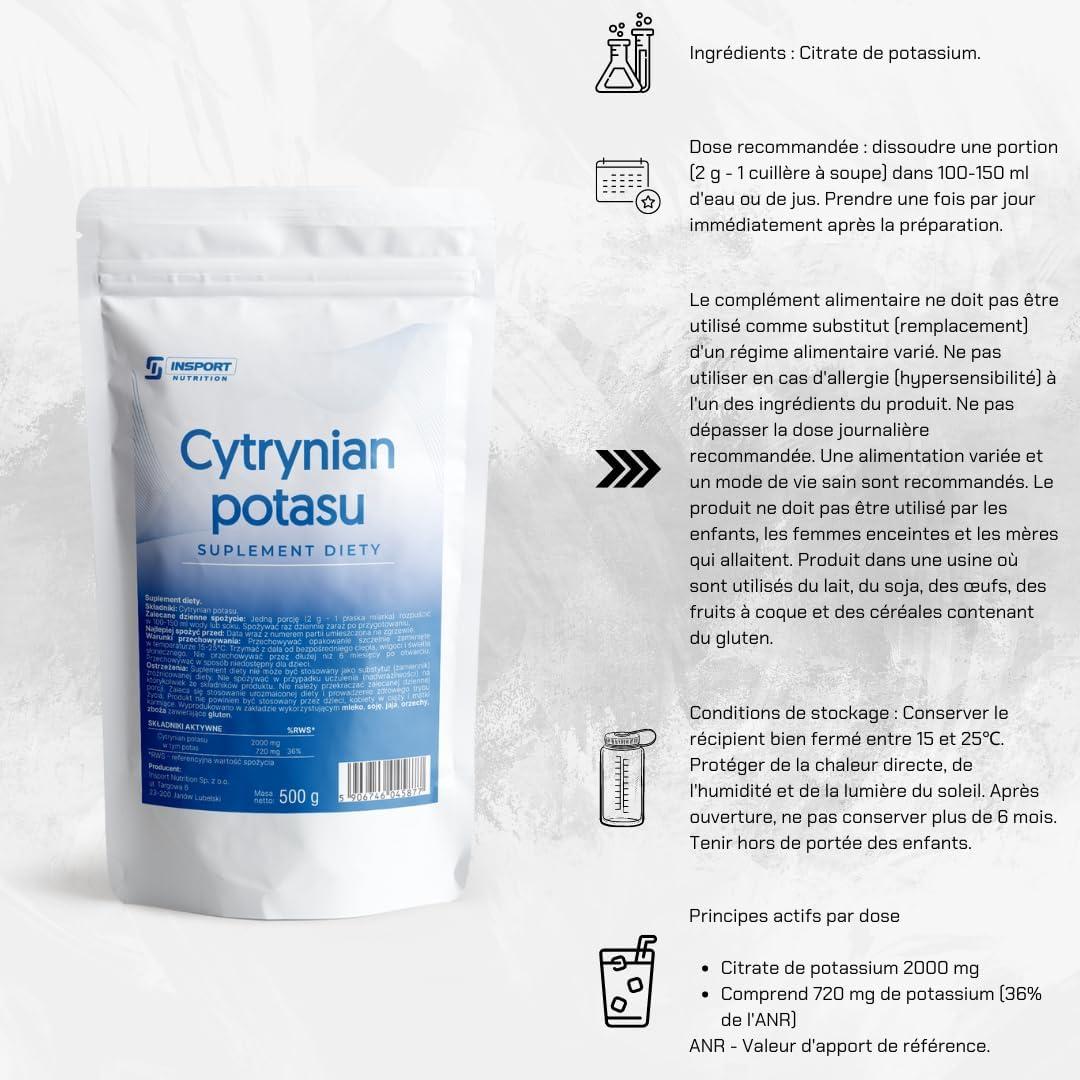 image:imageCitrate de potassium Poudre de 500 g Sans additifs 720 mg de potassium pur par portion quotidienne Emballage tanche avec fermeture clair Doypack INSPORT Nutrition