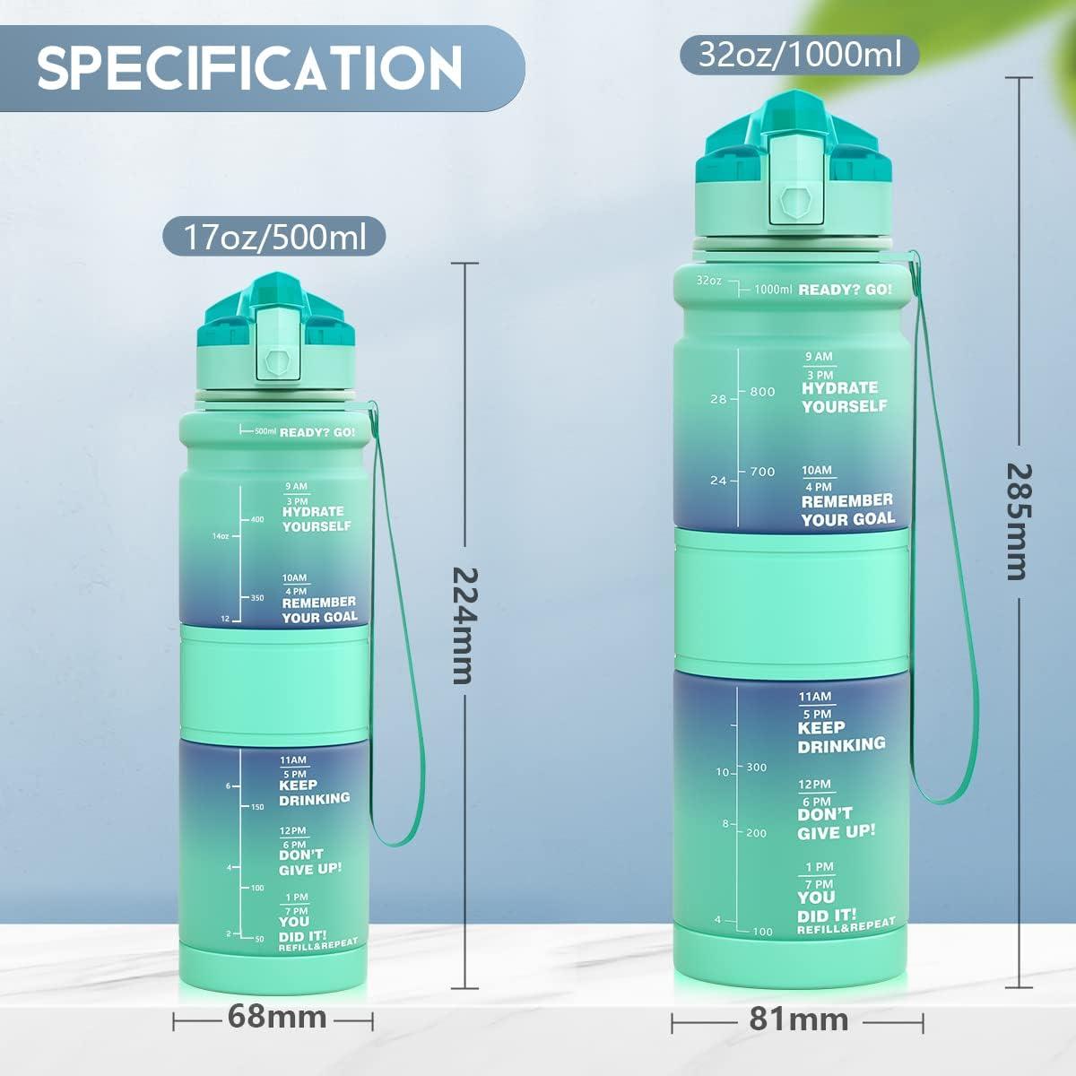 image:imageGourde Enfant sans BPA Tritan Plastique 500ML1L Gourde Sport Bouteille deau avec Marqueur de Temps et Filtre Fruits Gourde Reutilisable Pour Lcole Randonne Camping RunningVertemeraude