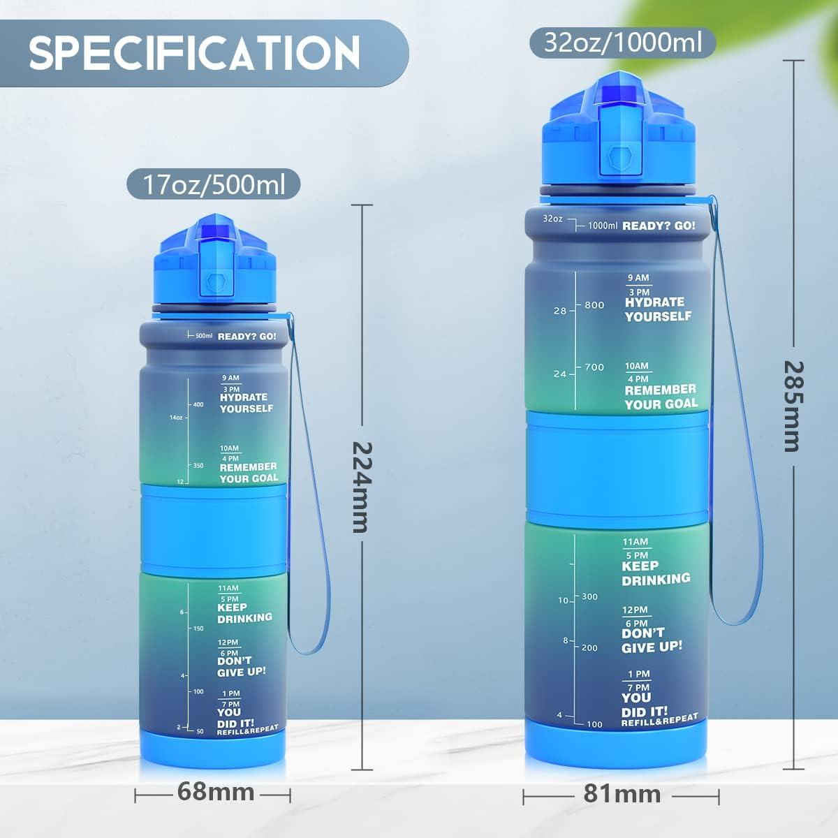image:imageGourde Enfant sans BPA Tritan Plastique 500ML1L Gourde Sport Bouteille deau avec Marqueur de Temps et Filtre Fruits Gourde Reutilisable Pour Lcole Randonne Camping RunningBleuvert