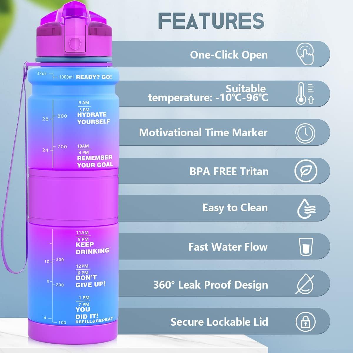 image:imageGourde Enfant sans BPA Tritan Plastique 500ML1L Gourde Sport Bouteille deau avec Marqueur de Temps et Filtre Fruits Gourde Reutilisable Pour Lcole Randonne Camping RunningBleuviolet