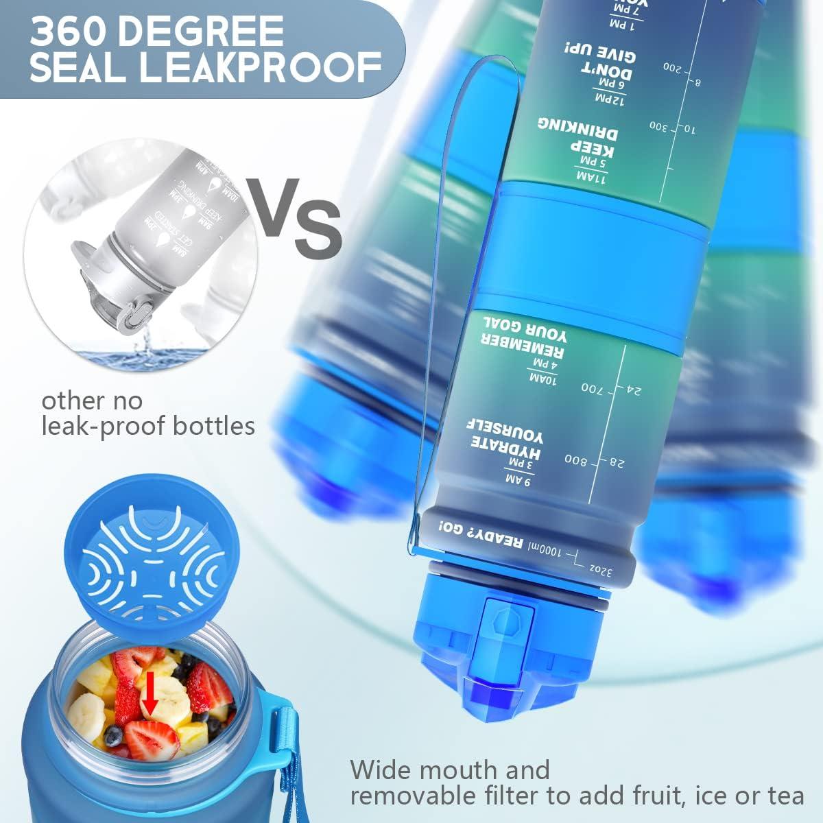 image:imageGourde Enfant sans BPA Tritan Plastique 500ML1L Gourde Sport Bouteille deau avec Marqueur de Temps et Filtre Fruits Gourde Reutilisable Pour Lcole Randonne Camping RunningBleuvert