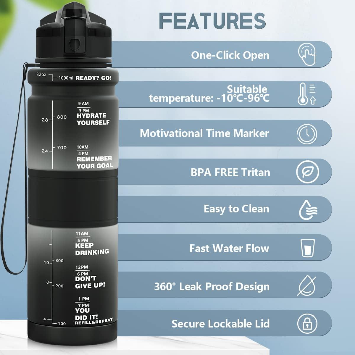 image:imageGourde Enfant sans BPA Tritan Plastique 500ML1L Gourde Sport Bouteille deau avec Marqueur de Temps et Filtre Fruits Gourde Reutilisable Pour Lcole Randonne Camping RunningNoirblanc