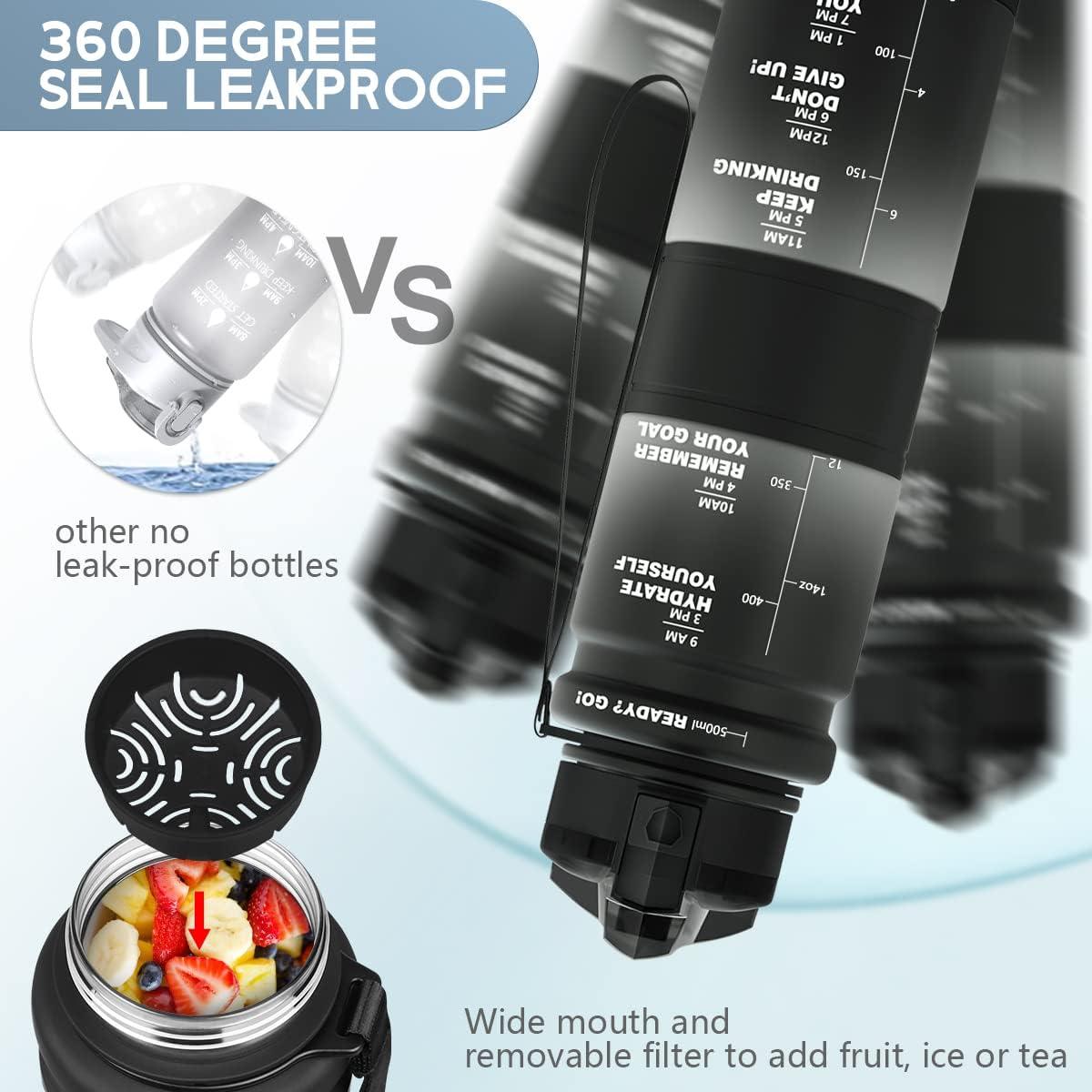 image:imageGourde Enfant sans BPA Tritan Plastique 500ML1L Gourde Sport Bouteille deau avec Marqueur de Temps et Filtre Fruits Gourde Reutilisable Pour Lcole Randonne Camping RunningNoirblanc