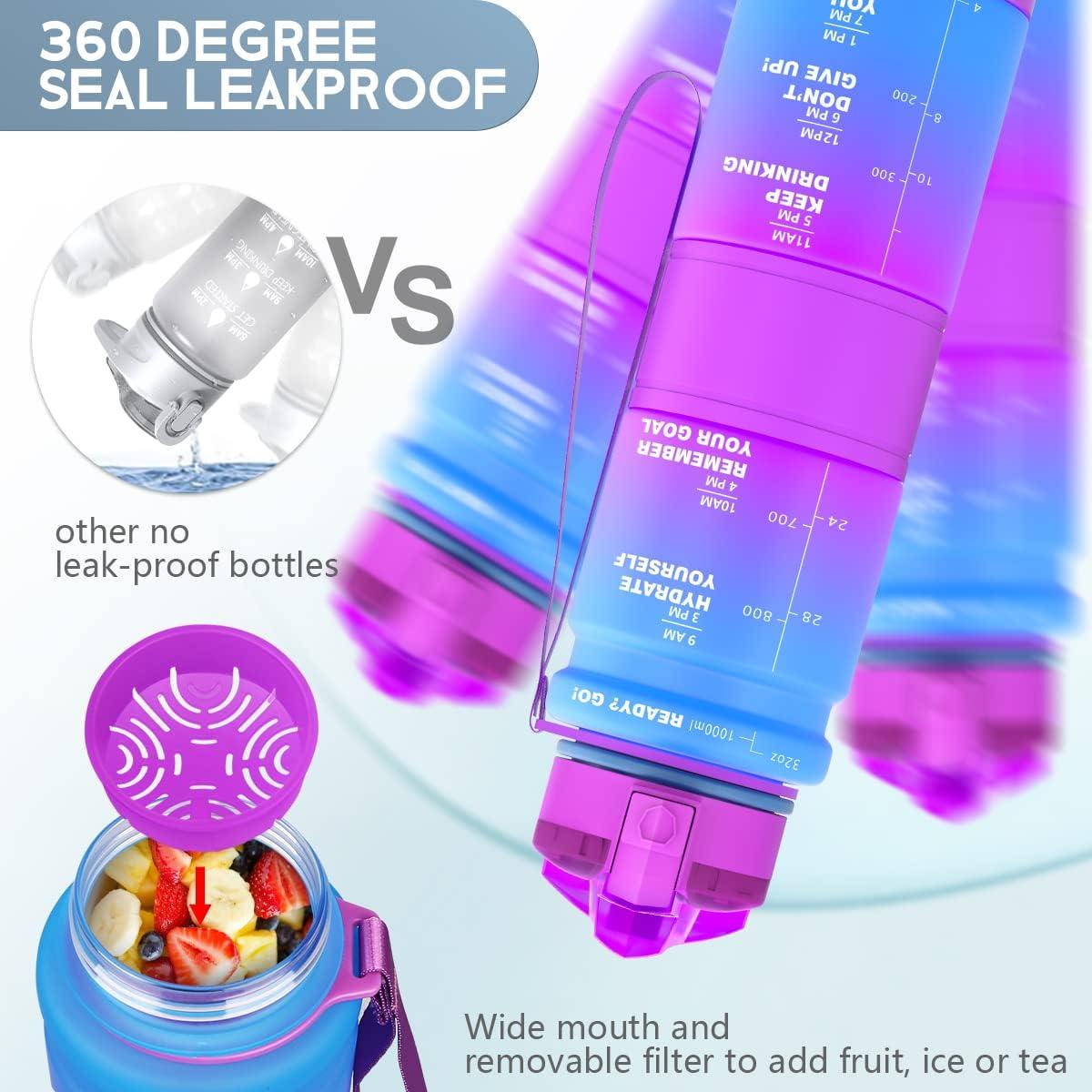 image:imageGourde Enfant sans BPA Tritan Plastique 500ML1L Gourde Sport Bouteille deau avec Marqueur de Temps et Filtre Fruits Gourde Reutilisable Pour Lcole Randonne Camping RunningBleuviolet