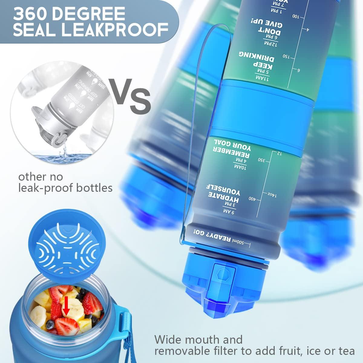 image:imageGourde Enfant sans BPA Tritan Plastique 500ML1L Gourde Sport Bouteille deau avec Marqueur de Temps et Filtre Fruits Gourde Reutilisable Pour Lcole Randonne Camping RunningBleuvert