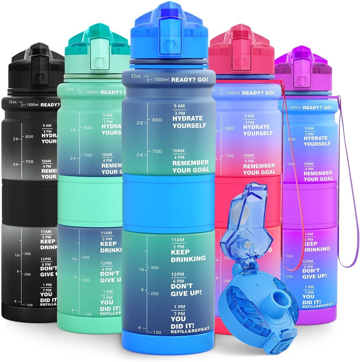 image:imageGourde Enfant sans BPA Tritan Plastique 500ML1L Gourde Sport Bouteille deau avec Marqueur de Temps et Filtre Fruits Gourde Reutilisable Pour Lcole Randonne Camping RunningBleuvert