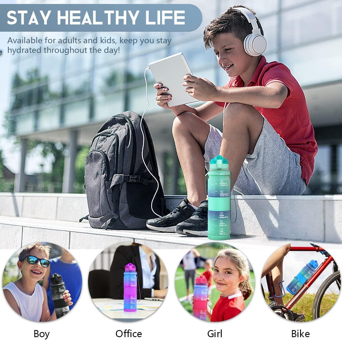 image:imageGourde Enfant sans BPA Tritan Plastique 500ML1L Gourde Sport Bouteille deau avec Marqueur de Temps et Filtre Fruits Gourde Reutilisable Pour Lcole Randonne Camping RunningVertemeraude