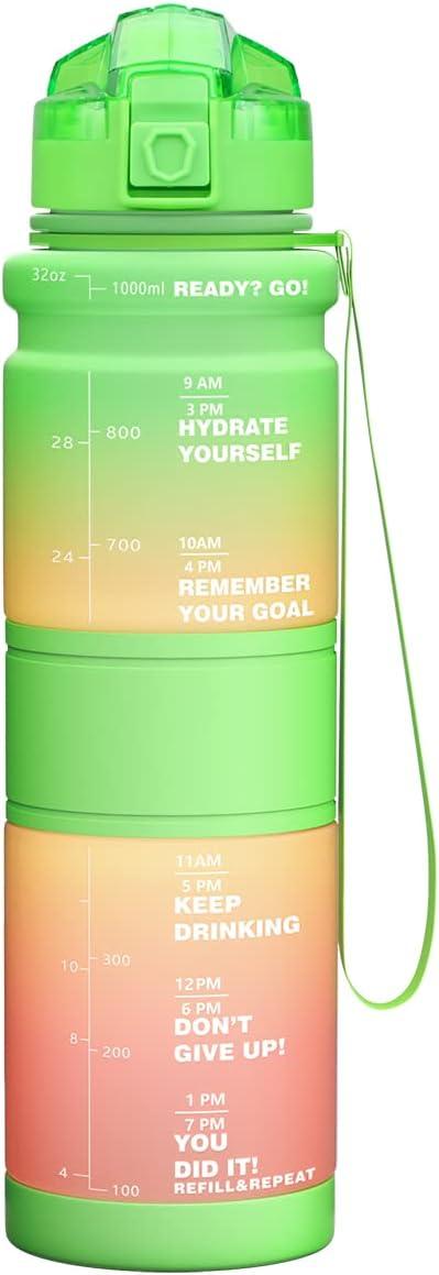 image:imageGourde Enfant sans BPA Tritan Plastique 500ML1L Gourde Sport Bouteille deau avec Marqueur de Temps et Filtre Fruits Gourde Reutilisable Pour Lcole Randonne Camping RunningVertjauneorange
