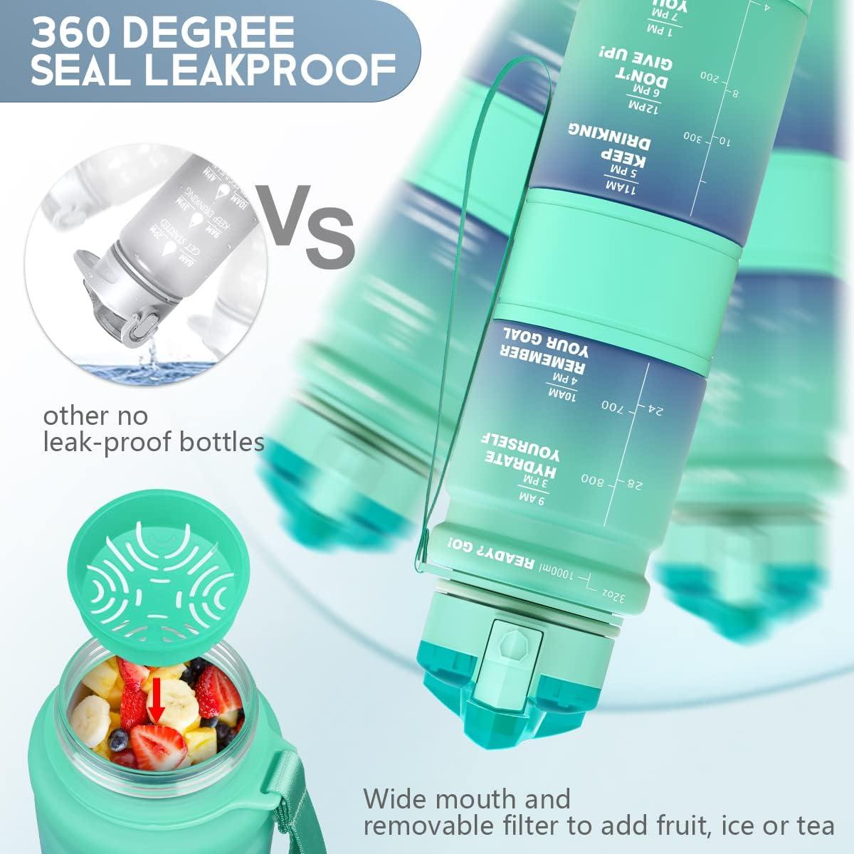 image:imageGourde Enfant sans BPA Tritan Plastique 500ML1L Gourde Sport Bouteille deau avec Marqueur de Temps et Filtre Fruits Gourde Reutilisable Pour Lcole Randonne Camping RunningVertemeraude