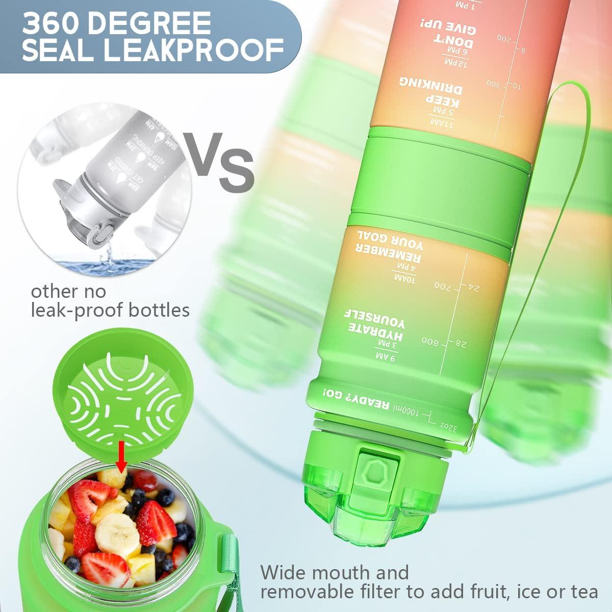 image:imageGourde Enfant sans BPA Tritan Plastique 500ML1L Gourde Sport Bouteille deau avec Marqueur de Temps et Filtre Fruits Gourde Reutilisable Pour Lcole Randonne Camping RunningVertjauneorange