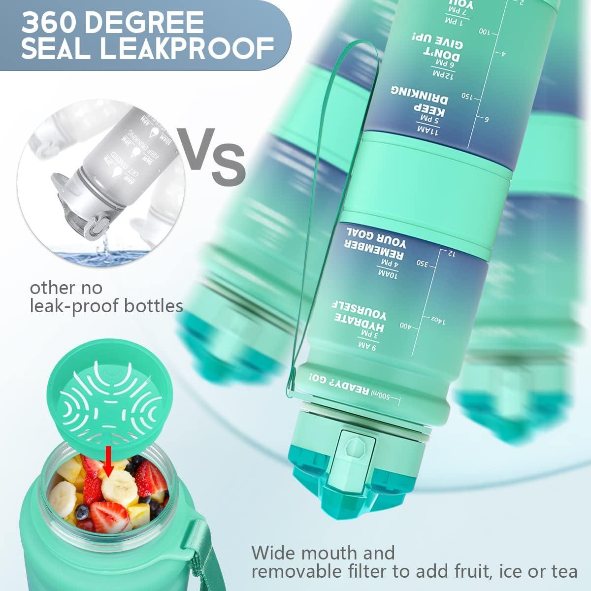 image:imageGourde Enfant sans BPA Tritan Plastique 500ML1L Gourde Sport Bouteille deau avec Marqueur de Temps et Filtre Fruits Gourde Reutilisable Pour Lcole Randonne Camping RunningVertemeraude