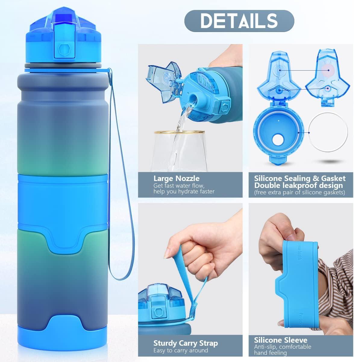 image:imageGourde Enfant sans BPA Tritan Plastique 500ML1L Gourde Sport Bouteille deau avec Marqueur de Temps et Filtre Fruits Gourde Reutilisable Pour Lcole Randonne Camping RunningBleuvert