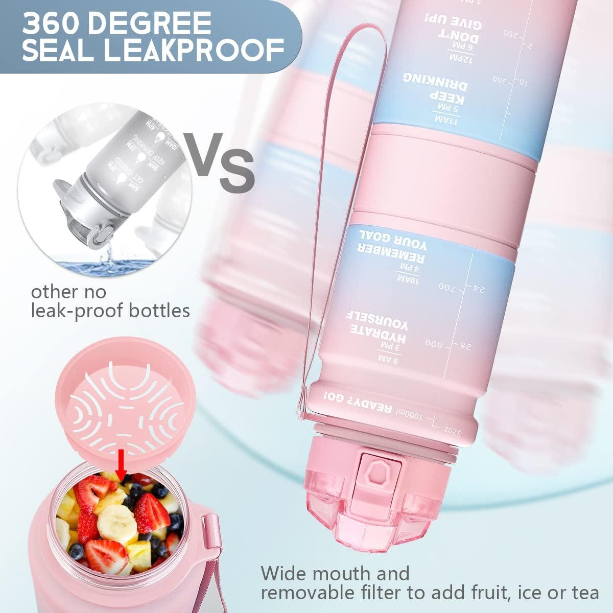 image:imageGourde Enfant sans BPA Tritan Plastique 500ML1L Gourde Sport Bouteille deau avec Marqueur de Temps et Filtre Fruits Gourde Reutilisable Pour Lcole Randonne Camping RunningRose Clairvert