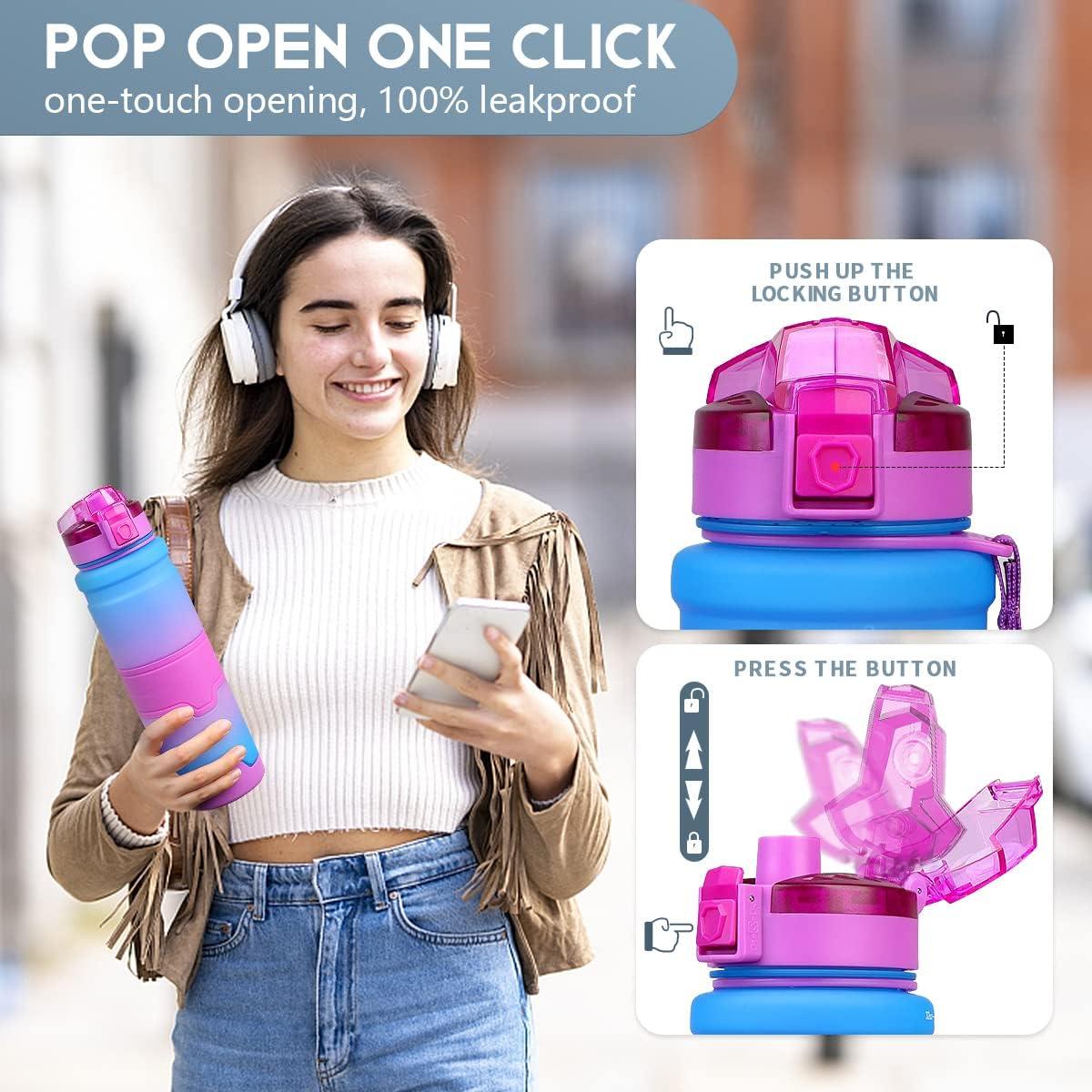 image:imageGourde Enfant sans BPA Tritan Plastique 500ML1L Gourde Sport Bouteille deau avec Marqueur de Temps et Filtre Fruits Gourde Reutilisable Pour Lcole Randonne Camping RunningBleuviolet