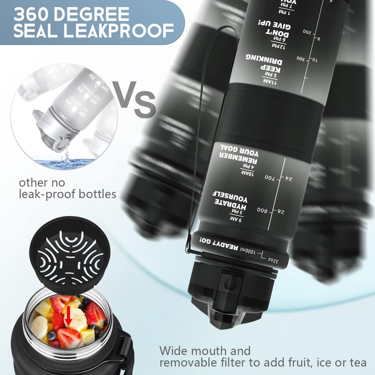 image:imageGourde Enfant sans BPA Tritan Plastique 500ML1L Gourde Sport Bouteille deau avec Marqueur de Temps et Filtre Fruits Gourde Reutilisable Pour Lcole Randonne Camping RunningNoirblanc