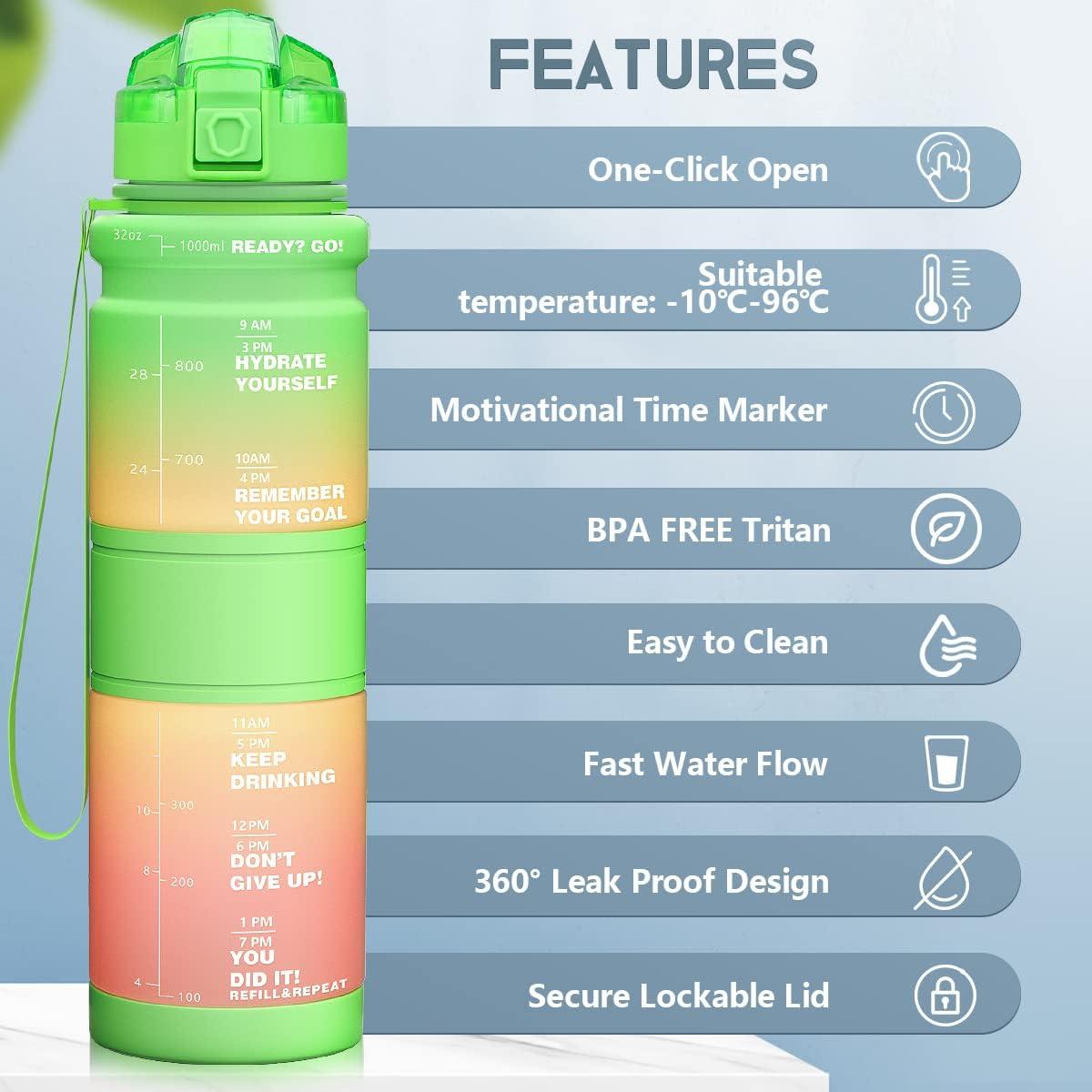 image:imageGourde Enfant sans BPA Tritan Plastique 500ML1L Gourde Sport Bouteille deau avec Marqueur de Temps et Filtre Fruits Gourde Reutilisable Pour Lcole Randonne Camping RunningVertjauneorange