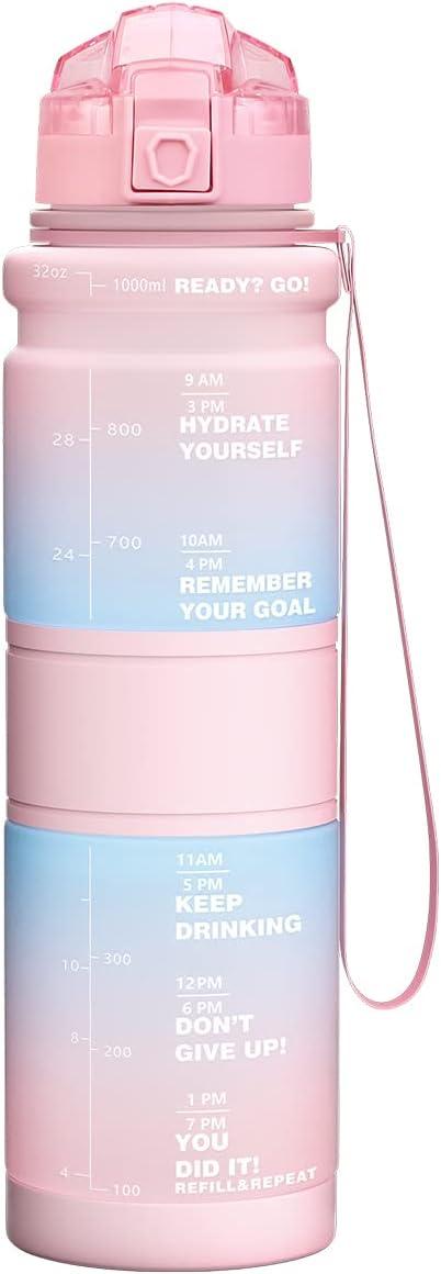 image:imageGourde Enfant sans BPA Tritan Plastique 500ML1L Gourde Sport Bouteille deau avec Marqueur de Temps et Filtre Fruits Gourde Reutilisable Pour Lcole Randonne Camping RunningRose Clairvert