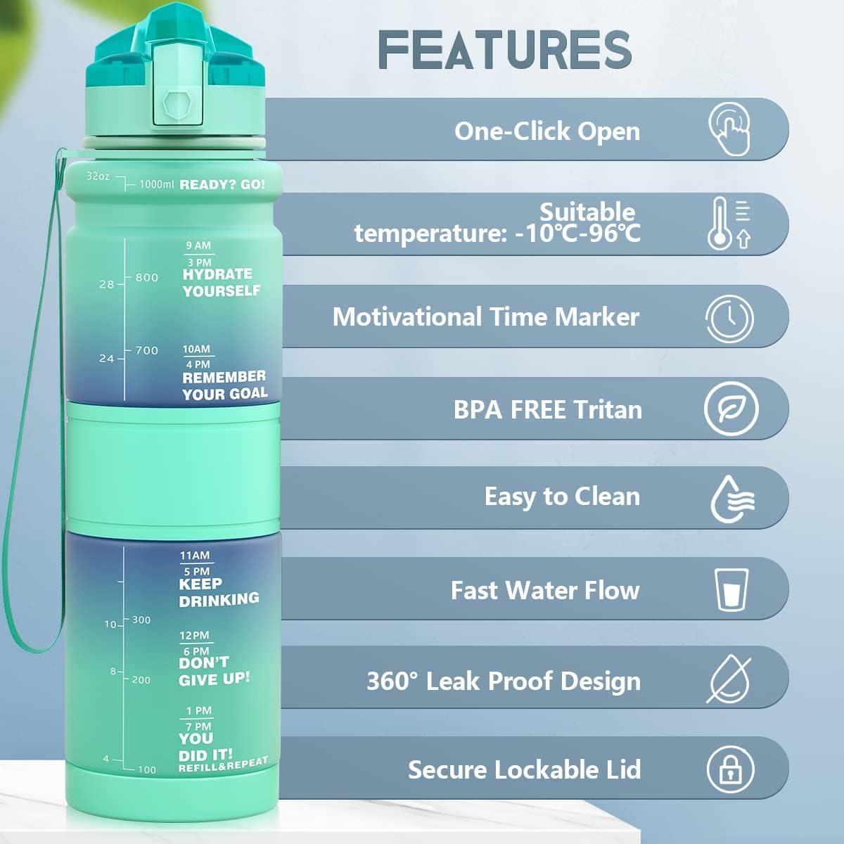 image:imageGourde Enfant sans BPA Tritan Plastique 500ML1L Gourde Sport Bouteille deau avec Marqueur de Temps et Filtre Fruits Gourde Reutilisable Pour Lcole Randonne Camping RunningVertemeraude
