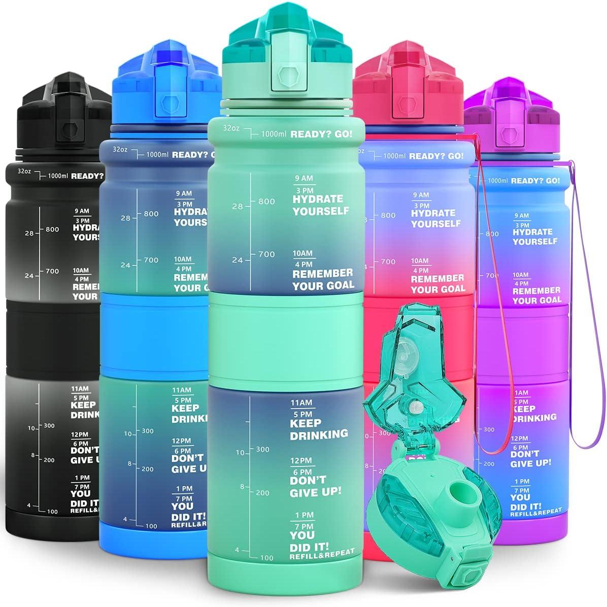 image:imageGourde Enfant sans BPA Tritan Plastique 500ML1L Gourde Sport Bouteille deau avec Marqueur de Temps et Filtre Fruits Gourde Reutilisable Pour Lcole Randonne Camping RunningVertemeraude