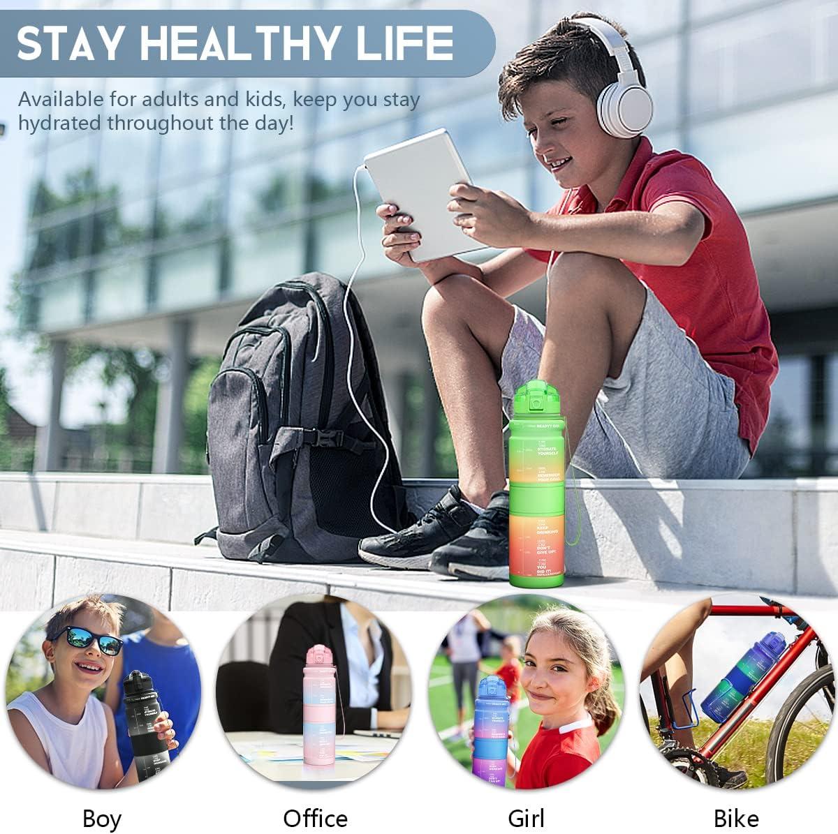 image:imageGourde Enfant sans BPA Tritan Plastique 500ML1L Gourde Sport Bouteille deau avec Marqueur de Temps et Filtre Fruits Gourde Reutilisable Pour Lcole Randonne Camping RunningVertjauneorange