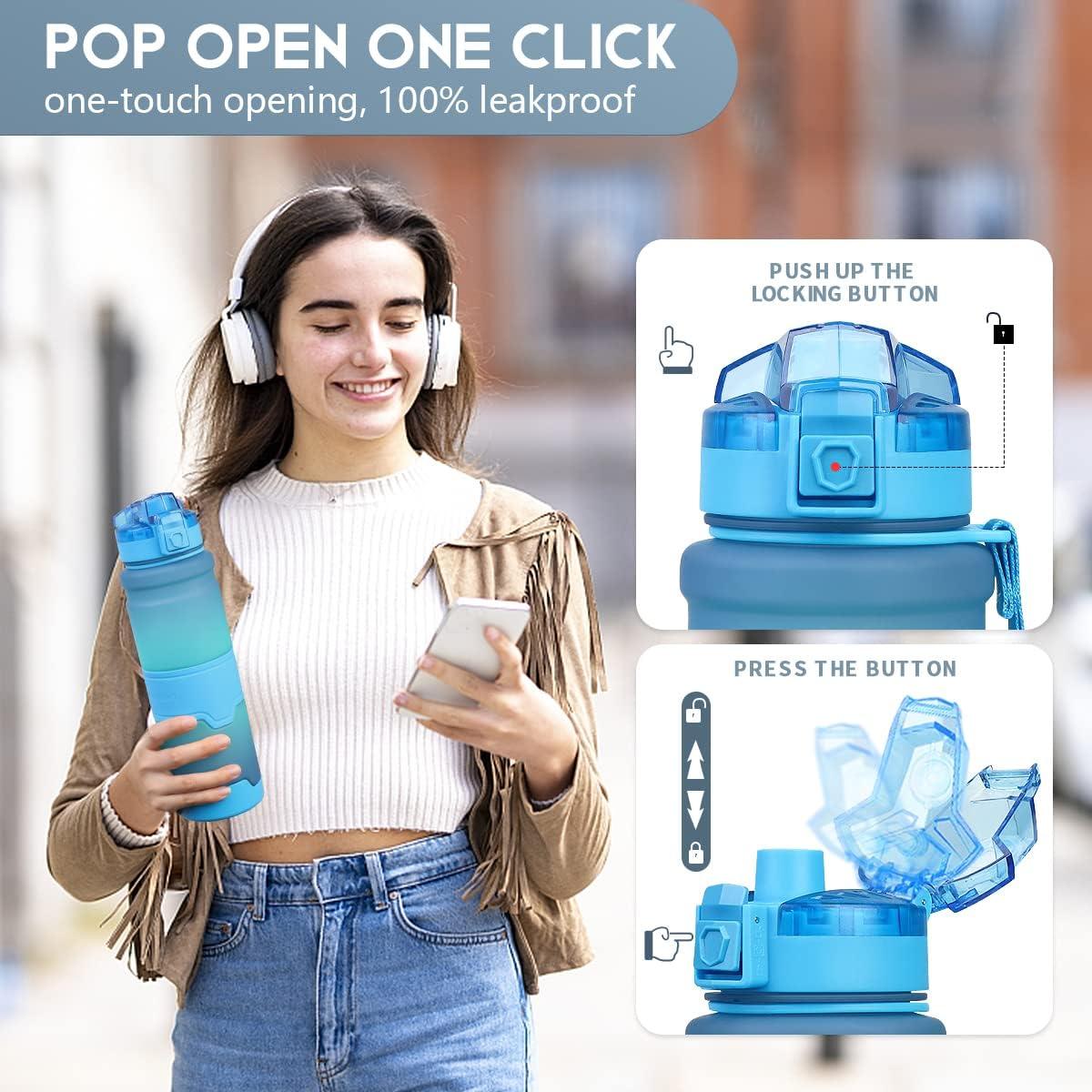 image:imageGourde Enfant sans BPA Tritan Plastique 500ML1L Gourde Sport Bouteille deau avec Marqueur de Temps et Filtre Fruits Gourde Reutilisable Pour Lcole Randonne Camping RunningBleuvert