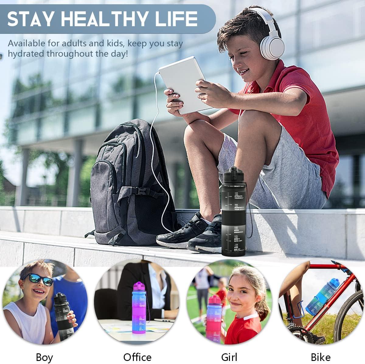image:imageGourde Enfant sans BPA Tritan Plastique 500ML1L Gourde Sport Bouteille deau avec Marqueur de Temps et Filtre Fruits Gourde Reutilisable Pour Lcole Randonne Camping RunningNoirblanc