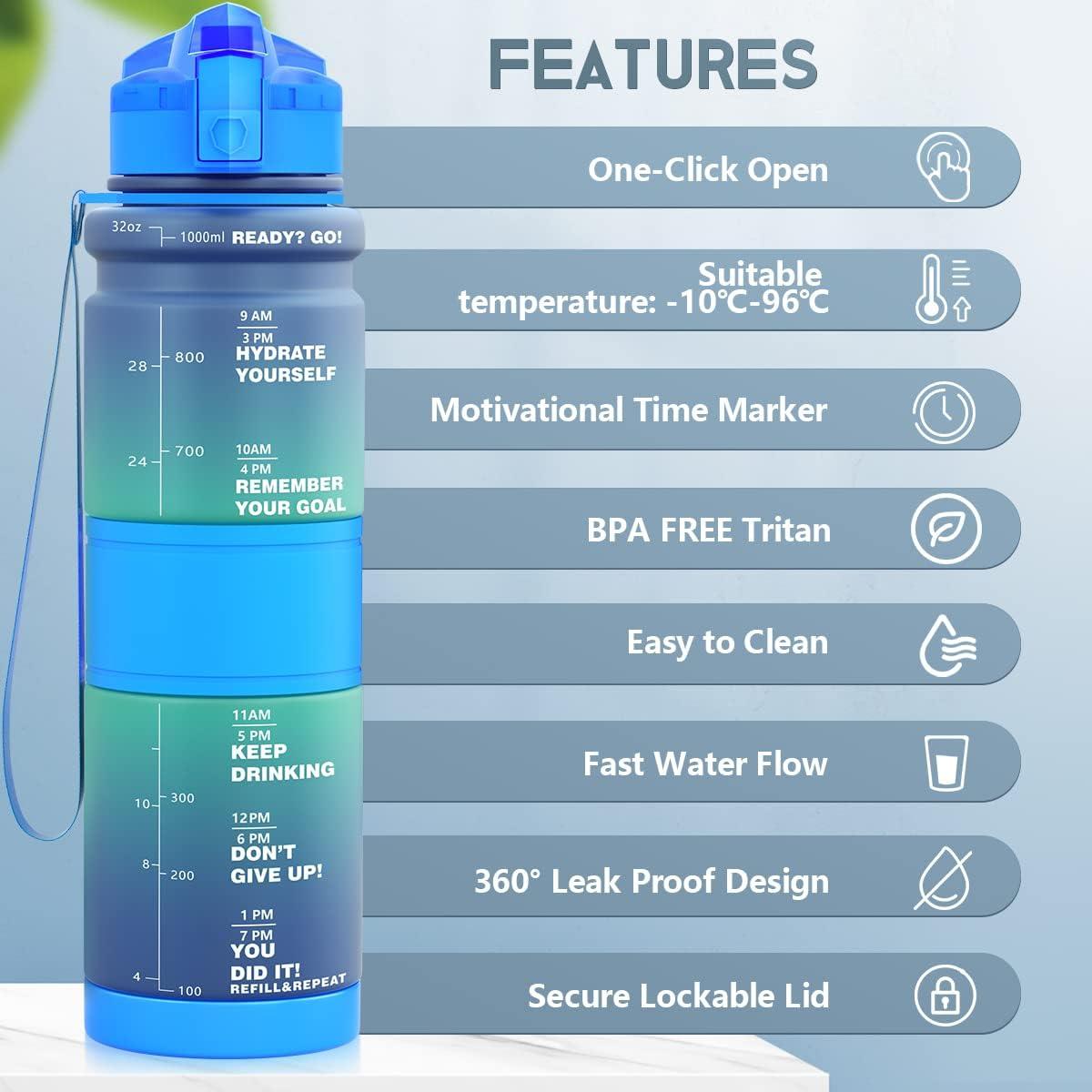image:imageGourde Enfant sans BPA Tritan Plastique 500ML1L Gourde Sport Bouteille deau avec Marqueur de Temps et Filtre Fruits Gourde Reutilisable Pour Lcole Randonne Camping RunningBleuvert