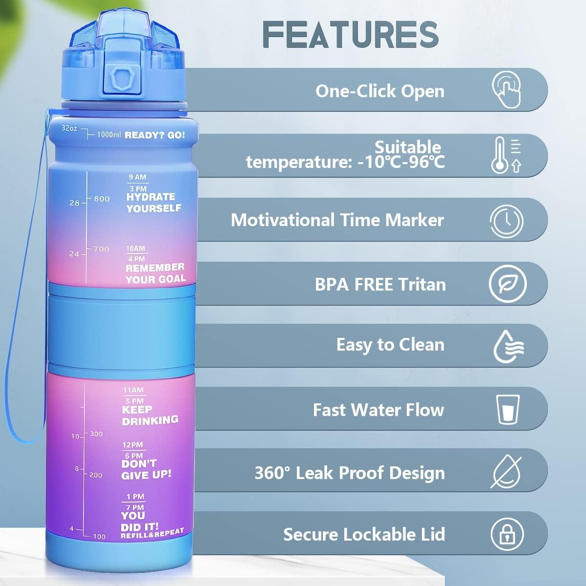 image:imageGourde Enfant sans BPA Tritan Plastique 500ML1L Gourde Sport Bouteille deau avec Marqueur de Temps et Filtre Fruits Gourde Reutilisable Pour Lcole Randonne Camping RunningBleuroseviolet