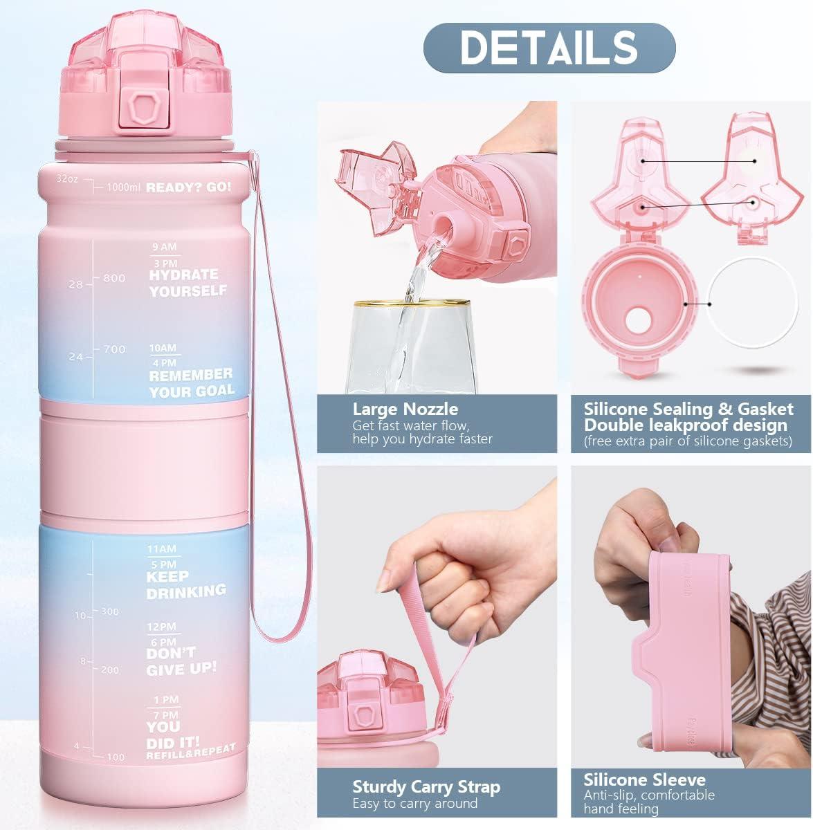 image:imageGourde Enfant sans BPA Tritan Plastique 500ML1L Gourde Sport Bouteille deau avec Marqueur de Temps et Filtre Fruits Gourde Reutilisable Pour Lcole Randonne Camping RunningRose Clairvert