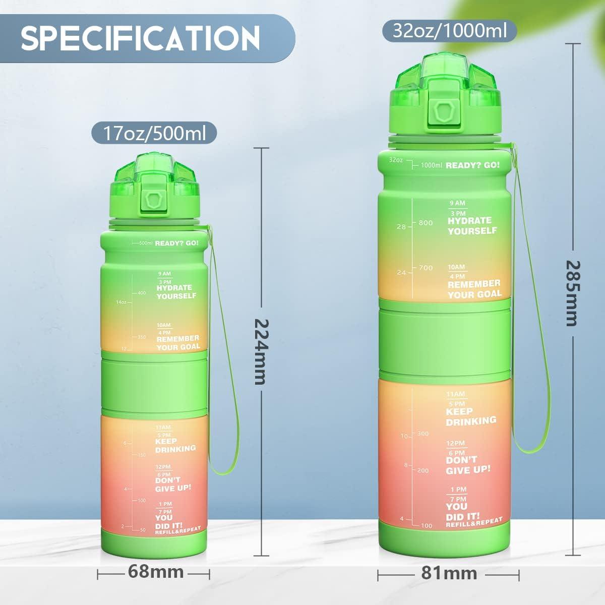 image:imageGourde Enfant sans BPA Tritan Plastique 500ML1L Gourde Sport Bouteille deau avec Marqueur de Temps et Filtre Fruits Gourde Reutilisable Pour Lcole Randonne Camping RunningVertjauneorange